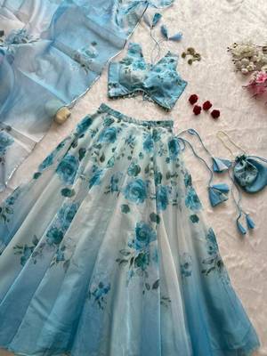 blue organza printed lehenga choli 4