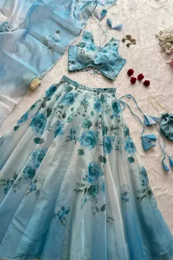 blue organza printed lehenga choli