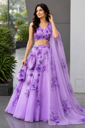 purple organza printed lehenga choli