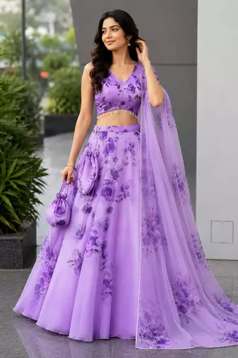 purple organza printed lehenga choli
