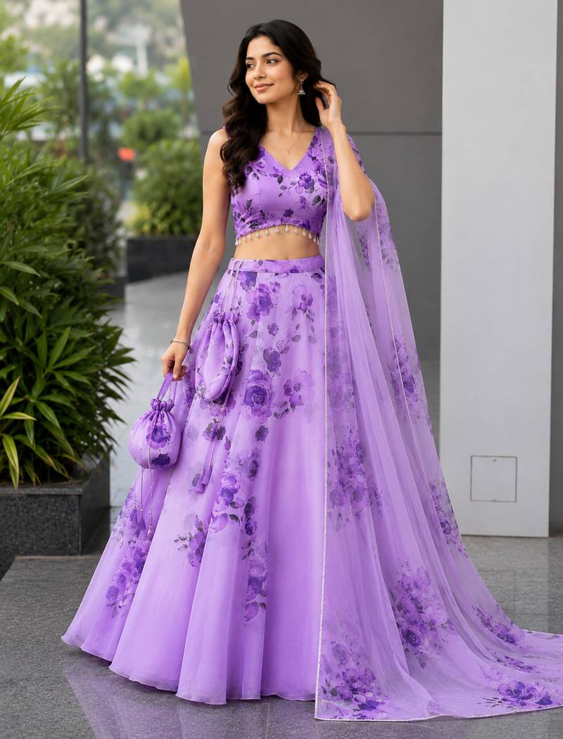 purple organza printed lehenga choli