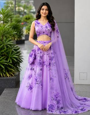purple organza printed lehenga choli with free size upto 40 2