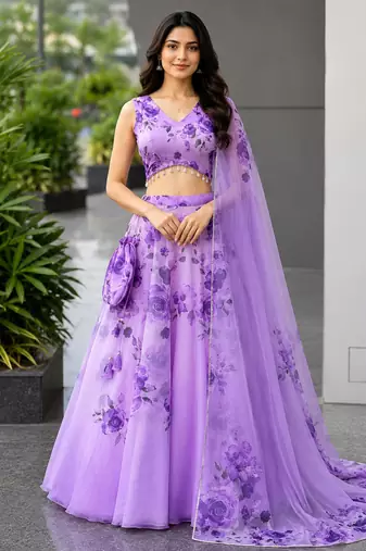 purple organza printed lehenga choli