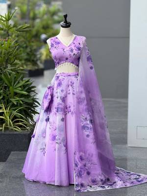 purple organza printed lehenga choli with free size upto 40 3