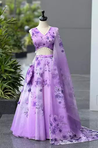 purple organza printed lehenga choli