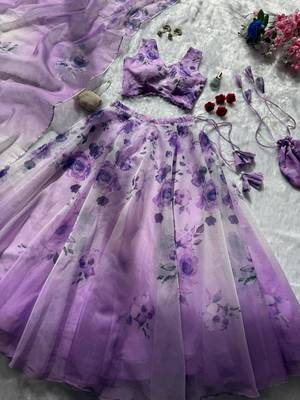 purple organza printed lehenga choli with free size upto 40 4