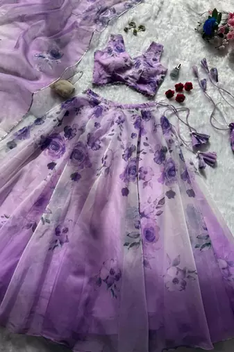 purple organza printed lehenga choli