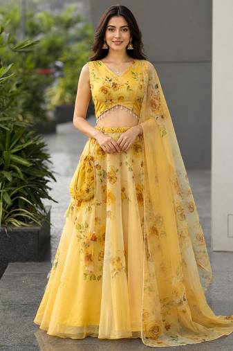 yellow organza printed lehenga choli with free size upto 40