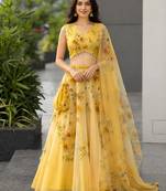 yellow organza printed lehenga choli