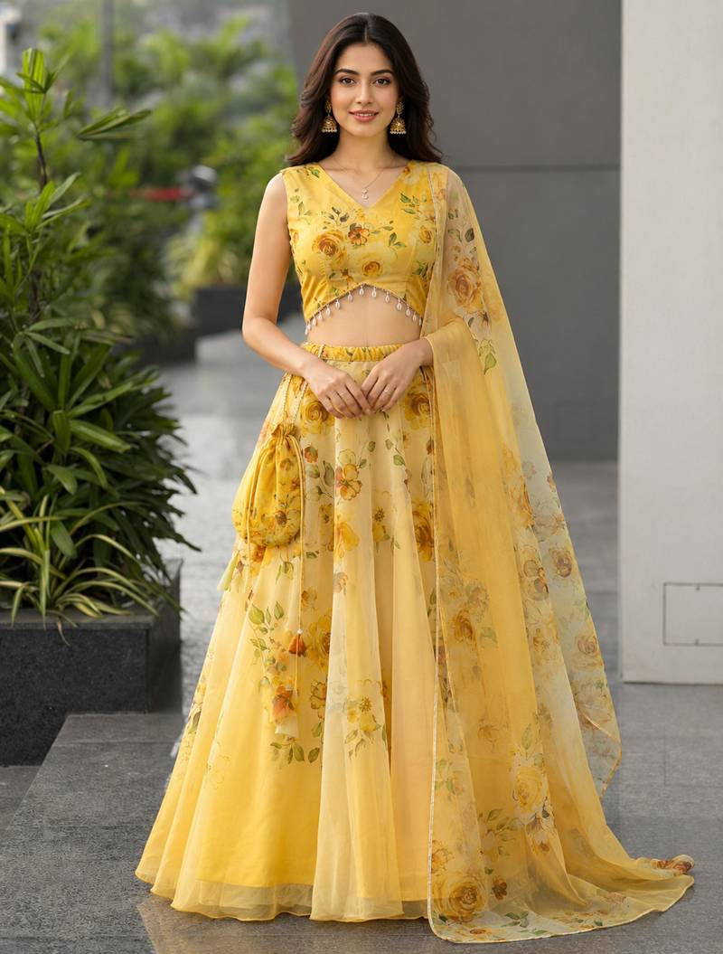 yellow organza printed lehenga choli