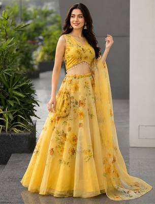 yellow organza printed lehenga choli with free size upto 40 2