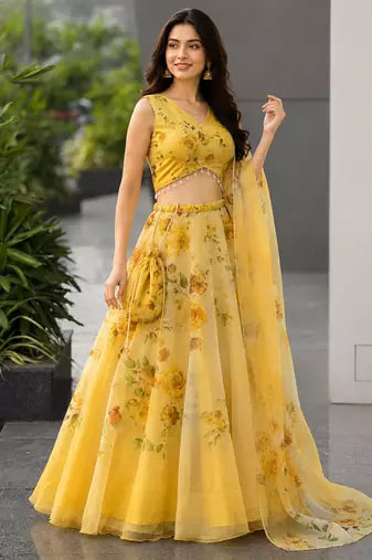 yellow organza printed lehenga choli