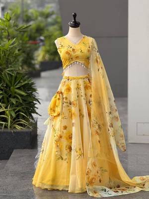 yellow organza printed lehenga choli with free size upto 40 3