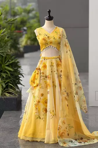 yellow organza printed lehenga choli