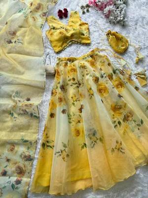 yellow organza printed lehenga choli with free size upto 40 4