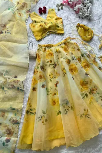 yellow organza printed lehenga choli
