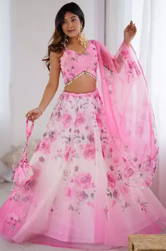 pink organza printed lehenga choli