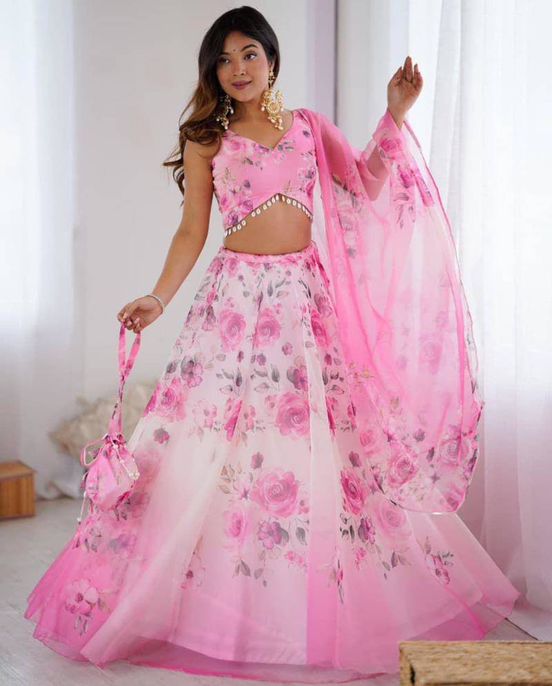pink organza printed lehenga choli