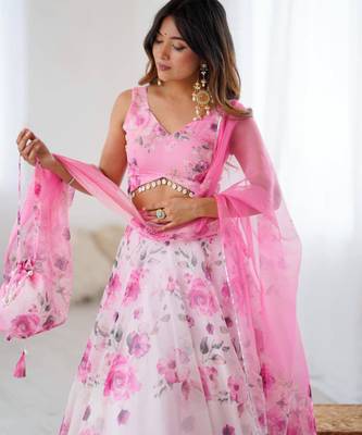 pink organza printed lehenga choli with free size upto 40 2