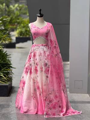 pink organza printed lehenga choli with free size upto 40 3