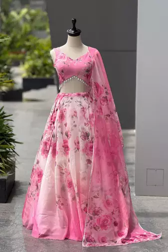pink organza printed lehenga choli
