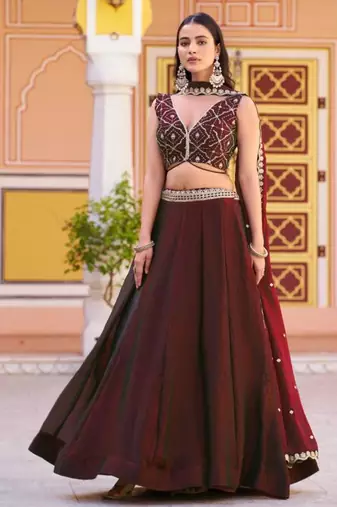 maroon silk blend embroidered lehenga choli
