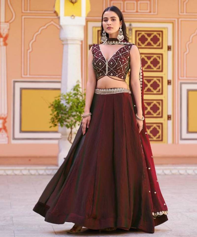 maroon silk blend embroidered lehenga choli