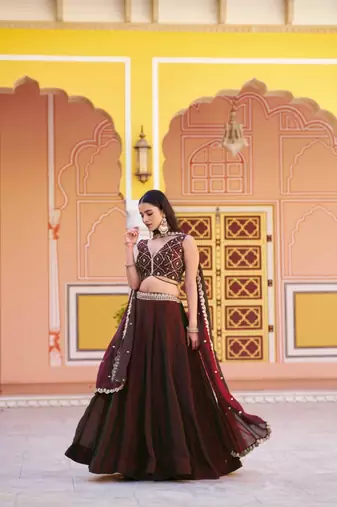 maroon silk blend embroidered lehenga choli