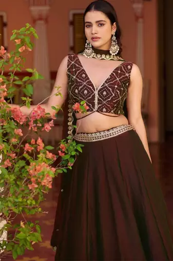 maroon silk blend embroidered lehenga choli