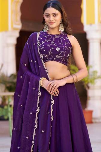 purple silk blend embroidered lehenga choli