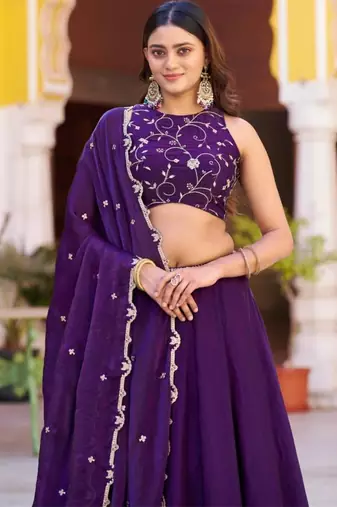 purple silk blend embroidered lehenga choli
