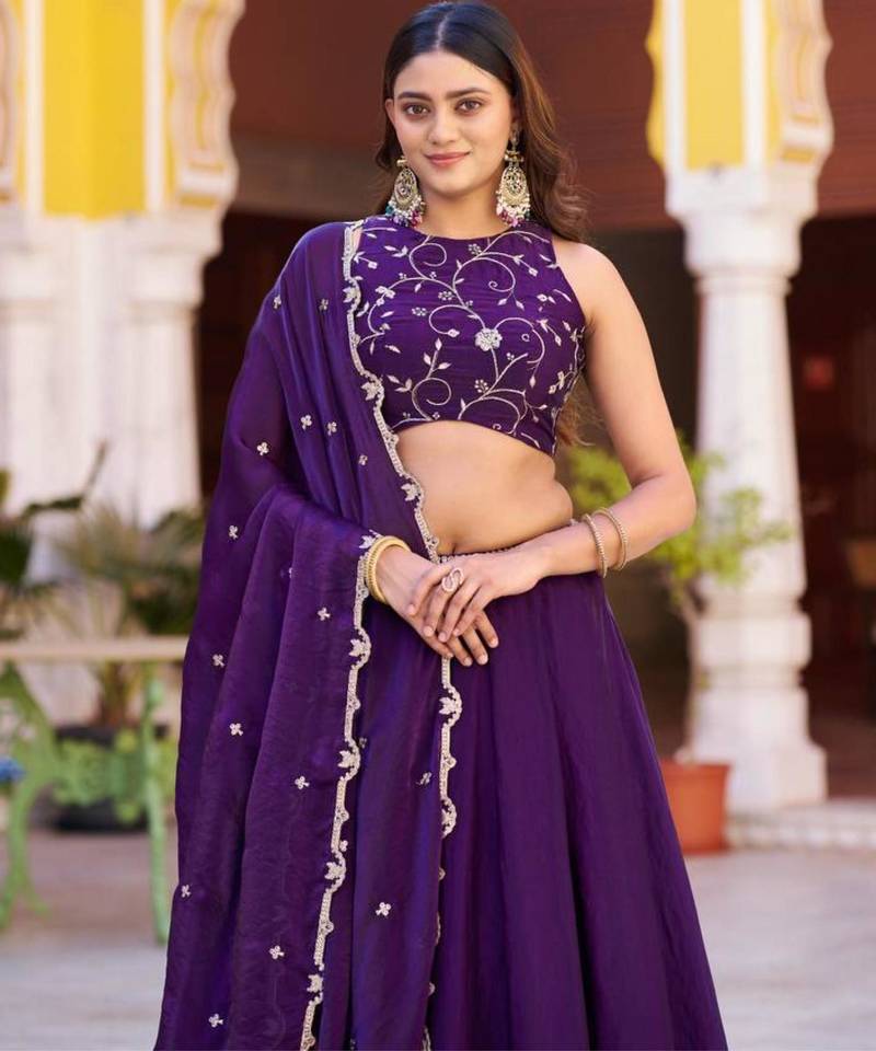 purple silk blend embroidered lehenga choli
