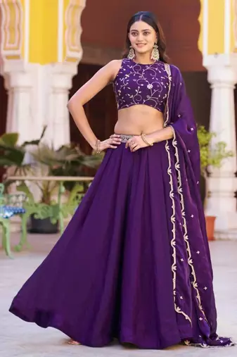 purple silk blend embroidered lehenga choli