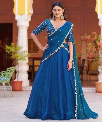teal silk blend embroidered lehenga choli 1