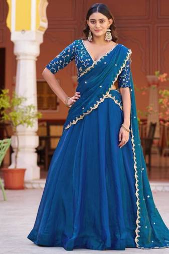 teal silk blend embroidered lehenga choli