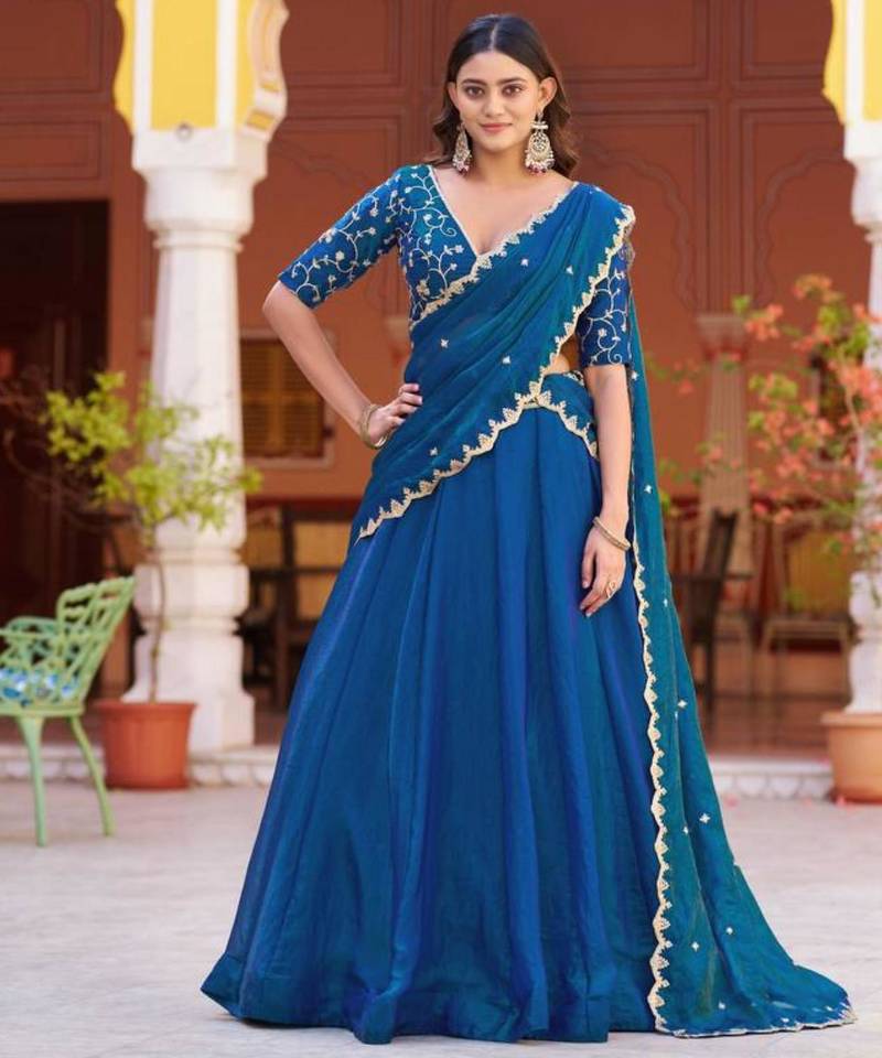 teal silk blend embroidered lehenga choli