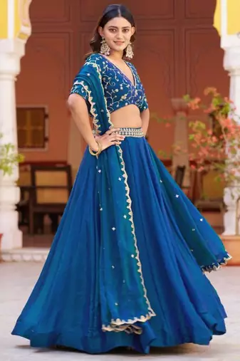 teal silk blend embroidered lehenga choli