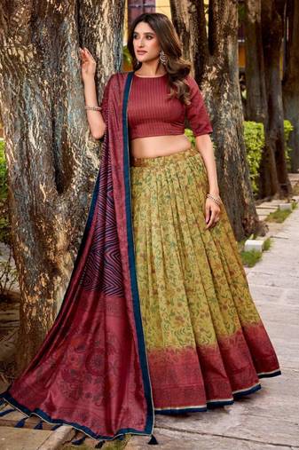 cream art silk printed lehenga choli