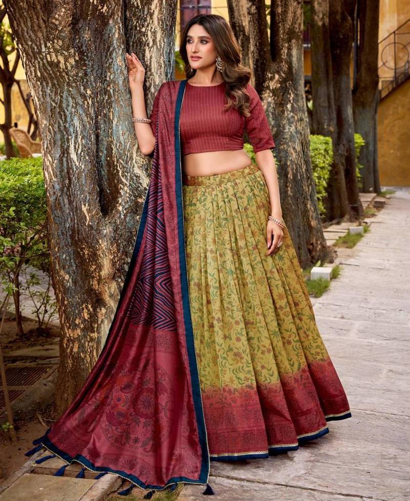 cream art silk printed lehenga choli
