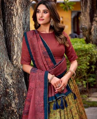cream art silk printed lehenga choli 2