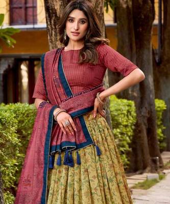 cream art silk printed lehenga choli 3