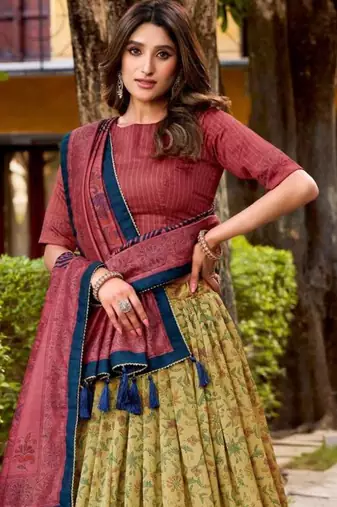 cream art silk printed lehenga choli