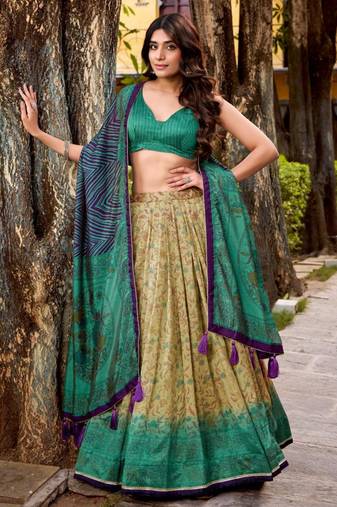 cream art silk printed lehenga choli