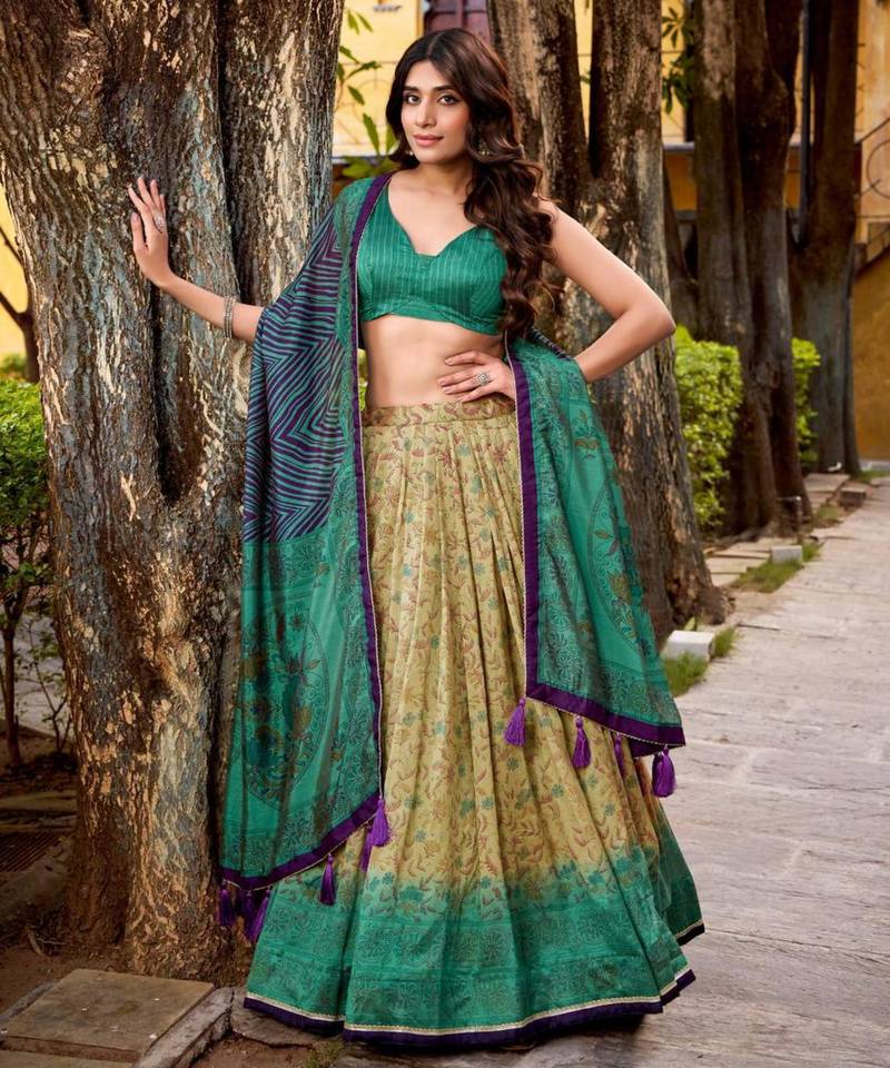 cream art silk printed lehenga choli