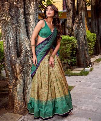 cream art silk printed lehenga choli 2
