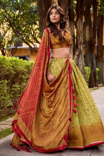 cream art silk printed lehenga choli