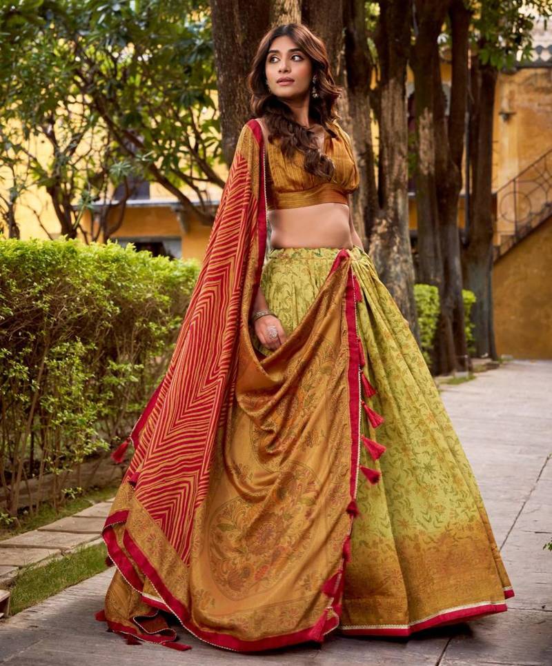 cream art silk printed lehenga choli
