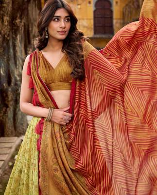 cream art silk printed lehenga choli 2