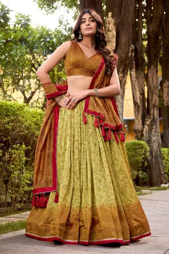 cream art silk printed lehenga choli