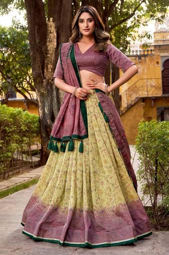cream art silk printed lehenga choli